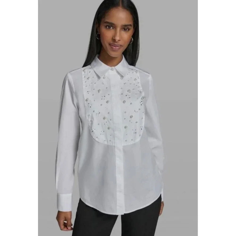 Karl Lagerfeld Paris Womens White Pearl Rhinestone Bib Button Down Shirt XL